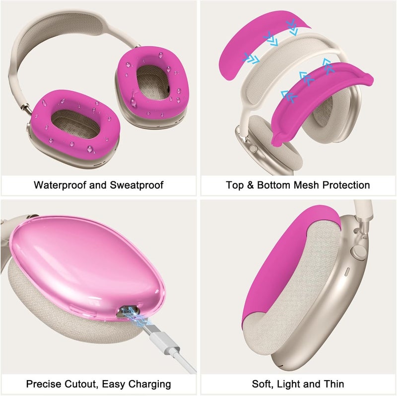 MINDRESY [4 in 1] Silicone Case Cover for AirPods Max, Clear Soft TPU Ear Cups Cover/Ear Pad Case Covers/Headband Covers Transparent Accessories for Apple AirPods Max (2024/2020)(USB-C/Lightning), Hot Pink - Image 5